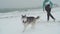 Young female playing and runing with siberian husky dog on the beach at snow storm, slow motion