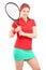 A young female posing with a tennis racket