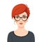 Young female professional standing confidently, red hair, stylish glasses, modern fashion. Casual