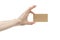 Young female right hand hold blank brown paper card