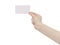 Young female right hand hold blank white paper card