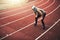 Young female runner standing on stadium and listening to music