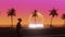 Young female running along the ocean side of the road with coconut palm trees in sunset. 3d Synthwave animated