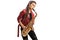 Young female saxophonist in a red leather jacket playing jazz music