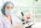 Young female scientist Scientists in protective glasses and gloves testing tube chemical ingredient,test samples of antibiotics