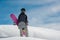 Young female snowboarder standing on the mountain slope