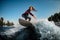 Young female sportsman actively rides the splashed wave on surfboard