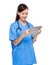Young female surgeon using tablet