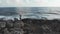 Young female taking pictures standing on big rock near ocean with strong waves. Aerial drone shot of young woman with camera on ro