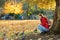 Young female tourist feeding squirrels and pigeons in St James`s Park in London, United Kingdom, on beautiful sunny autumn day