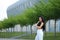 Young female traveler in international airport