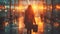 Young female traveler walking with suitcase at the modern transport stop outdoors