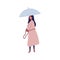 Young female with umbrella flat vector illustration. Autumn season, rainy day, stroll under rain. Woman wearing raincoat