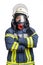 Young firefighter in uniform in protective breathing mask on his head