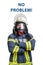 Young firefighter in uniform in protective breathing mask on his head with inscription no problem on background