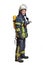 Young fireman with a mask and an air breathing apparatus on his back in a fully protective suit