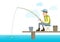 Young fisherman with fishing rod, hooks, bait, on the river and lake, Vector character illustration