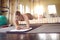 Young fit blond woman doing front planks