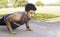 Young fit Caucasian man with muscular body doing push-ups outdoors on sunny summer day