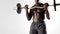Young fit man lifting barbell on grey background