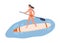 Young fit woman standing on sup board with paddle. Female character in swimwear on surfboard. Scene of summer vacation