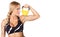 Young fitness model holding yellow kettlebell