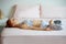 Young fitness woman in sportwear practicing yoga on bed in bedroom at home in Morning . sport girl doing Shavasana or corps Pose