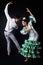 Young flamenco dancers in beautiful dress on black background.