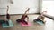 Young flexible women are doing various stretching exercises sitting on yoga mats in nice light studio. They are bending