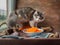 Young fluffy cat climbed on the table, to profit something tasty, but saw only a Cup of carrots