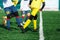 Young footballers dribble and kick football ball in game. Boys in yellow white sportswear running on soccer field.Training