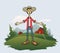 Young friendly farmer welcomes you to his ranch, funny cartoon character standing on the grass with trees and mountain