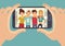 Young friends teenagers taking photo with smartphone. Friendship vector concept