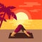 Young full woman doing yoga on beach at sunset