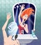 Young funny girl singing in the bathroom in front of the mirror dream being stage super star singer. Illustration for