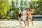 Young funny guys in sunglasses on the beach. Friends together.