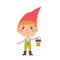 Young garden gnome holding lantern, small magic adorable character with lamp, cute boy