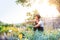 Young gardener cutting little flower plant, green sunny nature