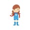 Young gardener girl dressed in blue overall shorts, boots and red sweater. Cartoon little farmer with brown hair, shiny