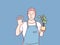 Young gardener man holding a plant smiling cheerful simple korean style illustration