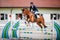 Young gelding horse and handsome man rider jumping obstacle