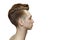 Young ginger man with pompadour haircut, real photo hair for barbershop old fashioned, isolated