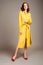 Young ginger woman in yellow shirt dress. Female bright look  lemon casual style.