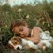 Young girl and adorable puppy peacefully lying together in a scenic summer field