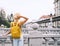 Young girl with backpack in  Ljubljana Old Town. Travel Slovenia