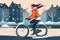Young girl on bicycle at winter, cartoon illustration