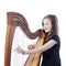 Young girl in black shirt plays harp in studio