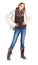 Young girl with blue jeans, winter jacket and boots standing posing