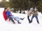 Young Girl And Boy Pulling Parents Through Snow On