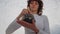 Young girl ceremony before kundalini yoga exercises. Sports woman doing mortar and pestle ritual. Female meditation